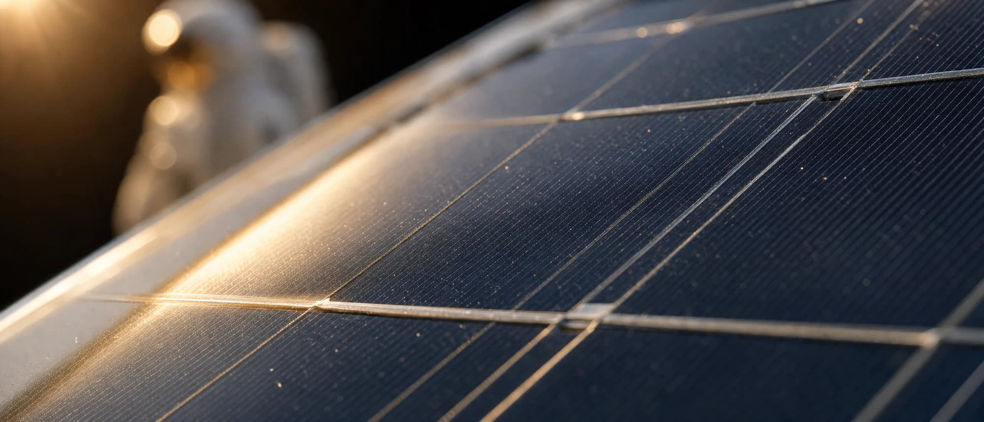 Nahaufnahme eines Solarmoduls im goldenen Licht.