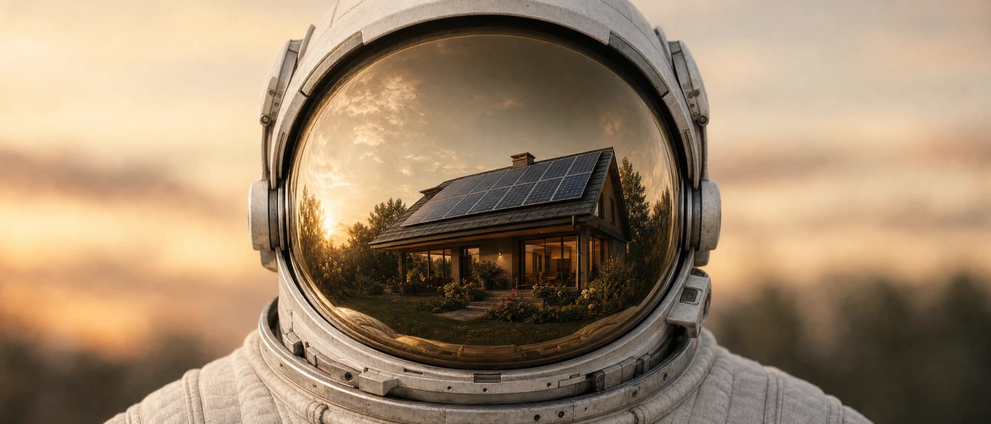 Im Helmvisier spiegelt sich ein Wohnhaus mit Solaranlage im Abendlicht.
