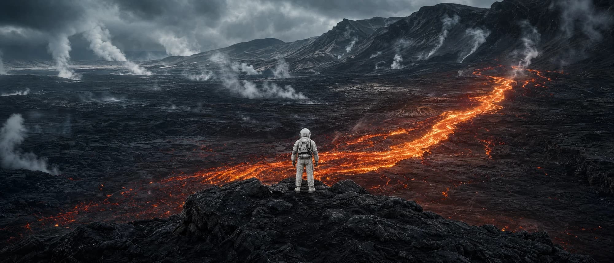 Ein Astronaut steht in Rückenansicht auf einem Felsen über einem glühenden Lavastrom.
