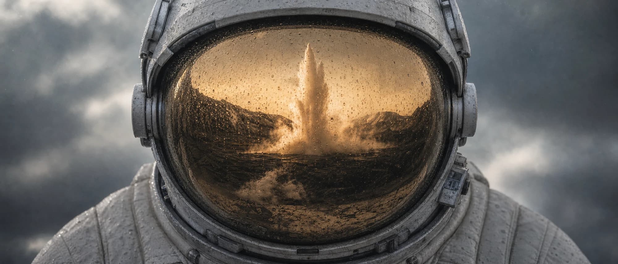 Im Helmvisier spiegelt sich ein ausbrechender Geysir.